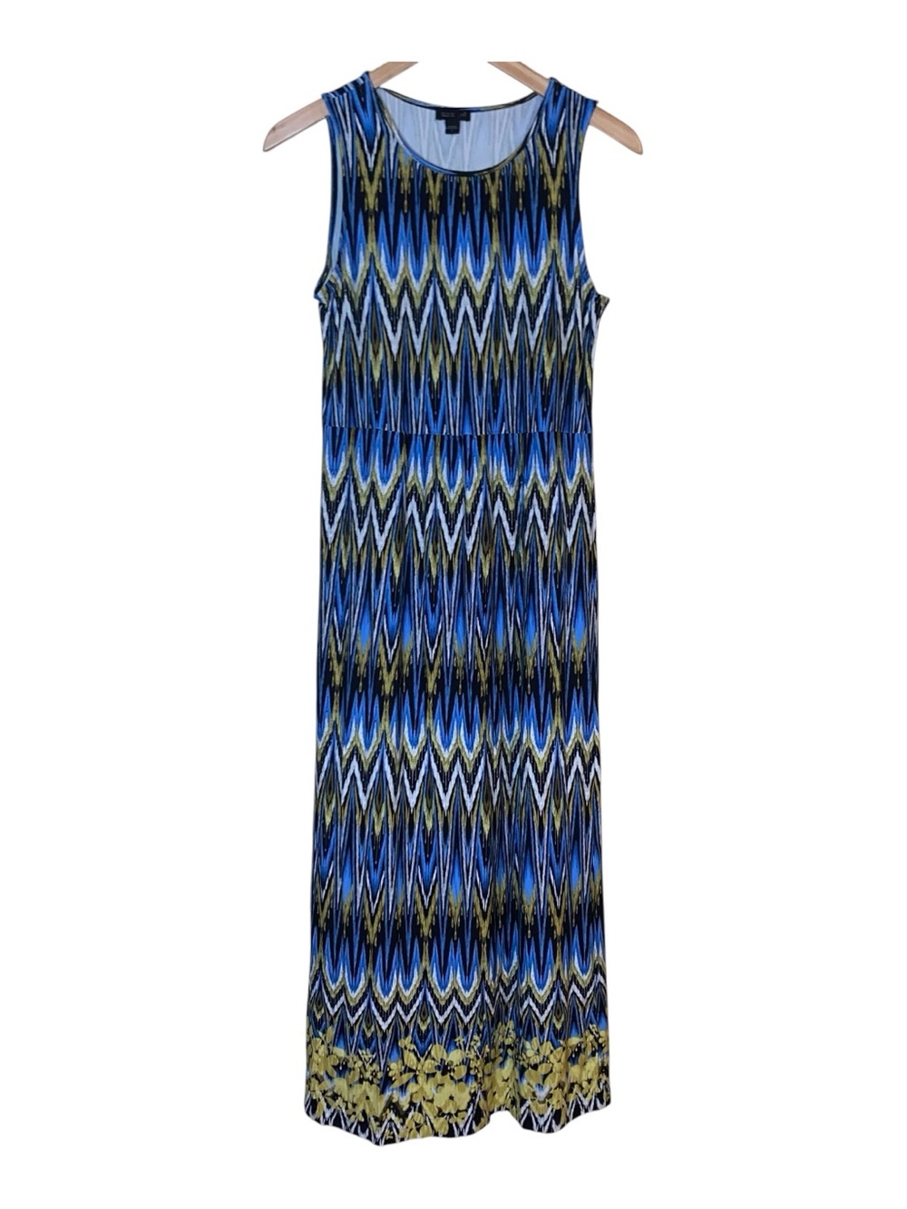J. Jill Wearever Ikat Print Blue Yellow Sleeveless Knit Maxi Dress Size Small